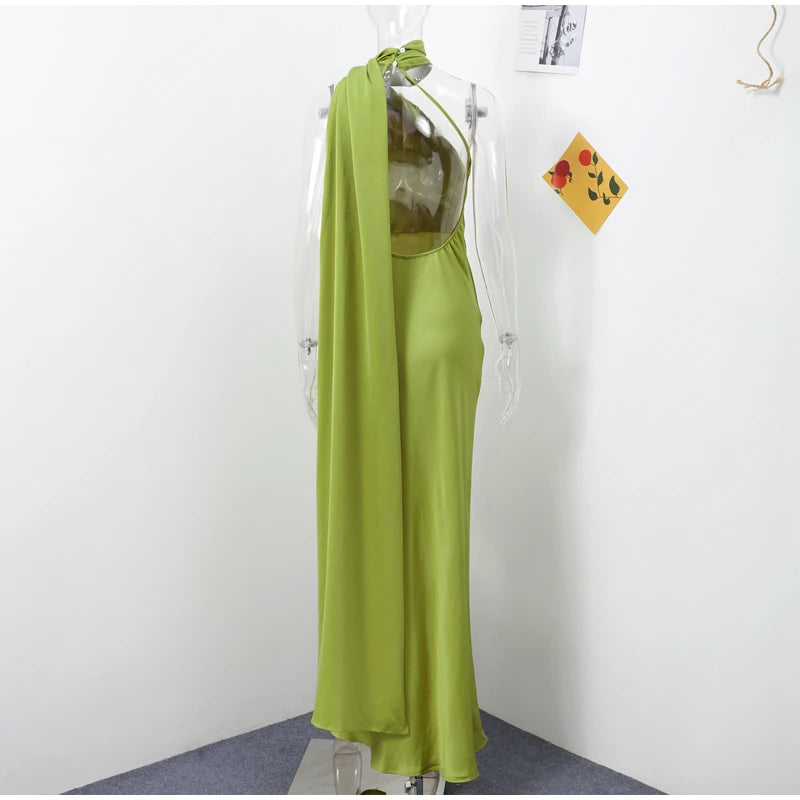 Sexy Satin Ribbon Party Dress Women Elegant Halter Backless Off Shoulder Sleeveless Female Dresses 2024 Summer Solid Robe Gown - Clikcy