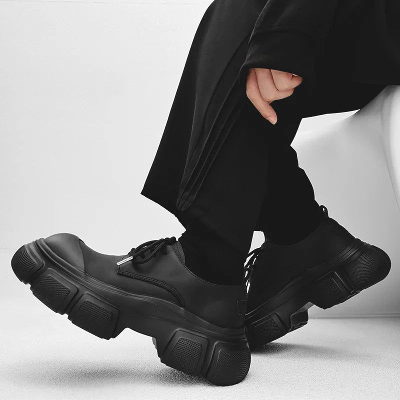 Black Thick Sole Casual Genuine Leather Dress Shoes Men Platform Heighten Japan Harajuku Korean Streetwear Fashion Shoes Man