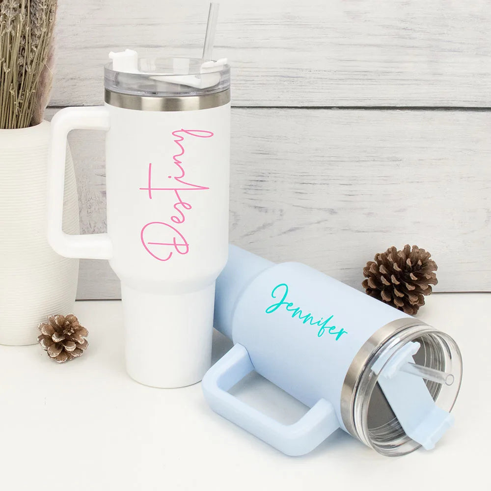 40oz Large Personalized Name Stanley Style Double Wall Insulated Cup Travel Bottle Rubber Hot Cold Mug With Straw - Clikcy