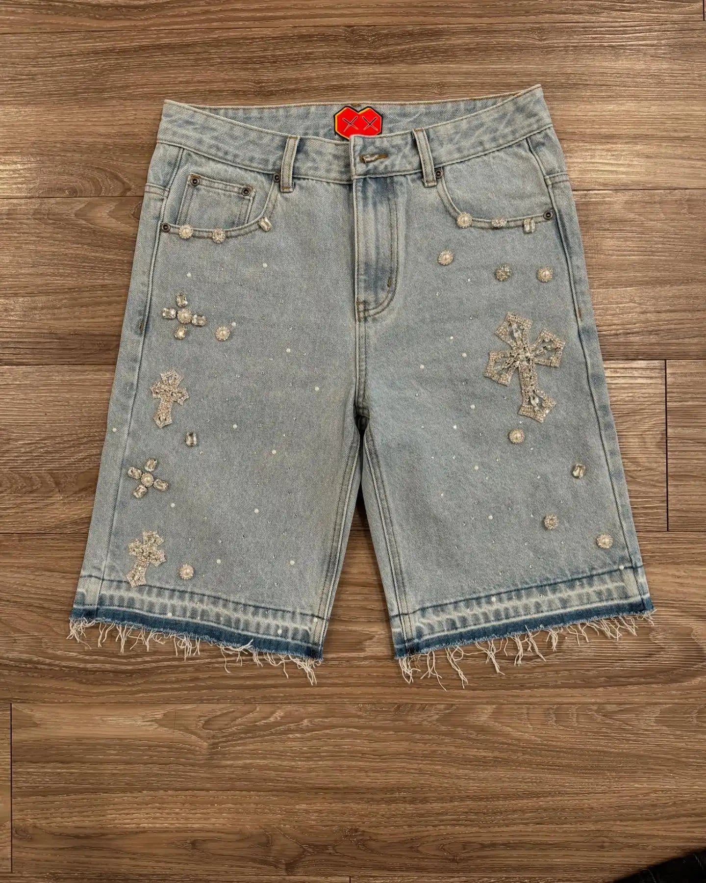 Y2K Gothic Diamond Cross Embroidery Denim Shorts American Retro Blue Gym Shorts Rhinestone Streetwear Hip Hop Men Women Jorts - Clikcy