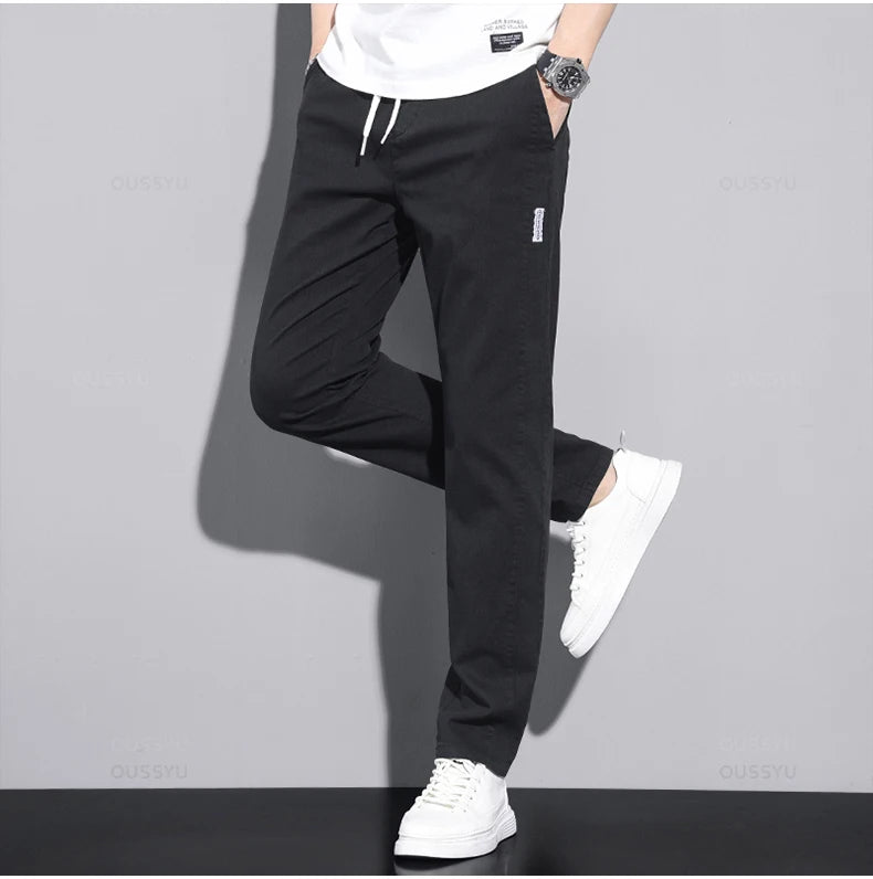 New Spring Summer Cotton Men's Casual Pants Classic Drawstring Elastic Waist Thin Stretch Blue Jogging Work Cargo Trousers Male - Clikcy