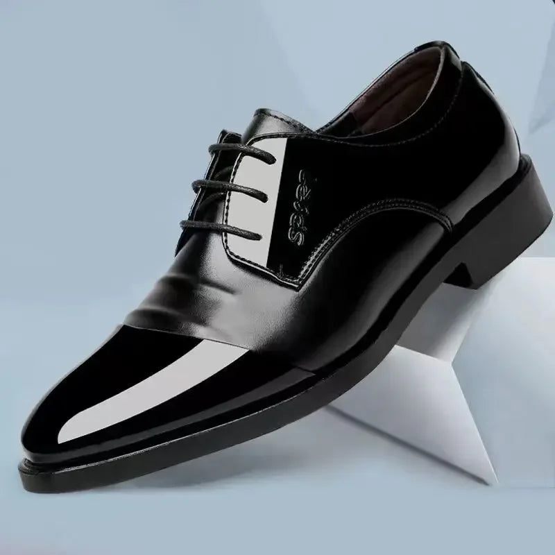 Men's Leather Shoes Black Pointed Shiny Business Formal Shoes Men Lace-up for Work Office Elegant Men's Social Shoes Zapatillas