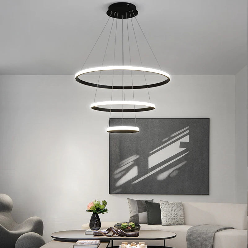 Modern Pendant Lamp Led Rings Circle Ceiling Hanging Chandelier Black Loft Living Dining Room Kitchen Indoor Lighting Fixture - Clikcy