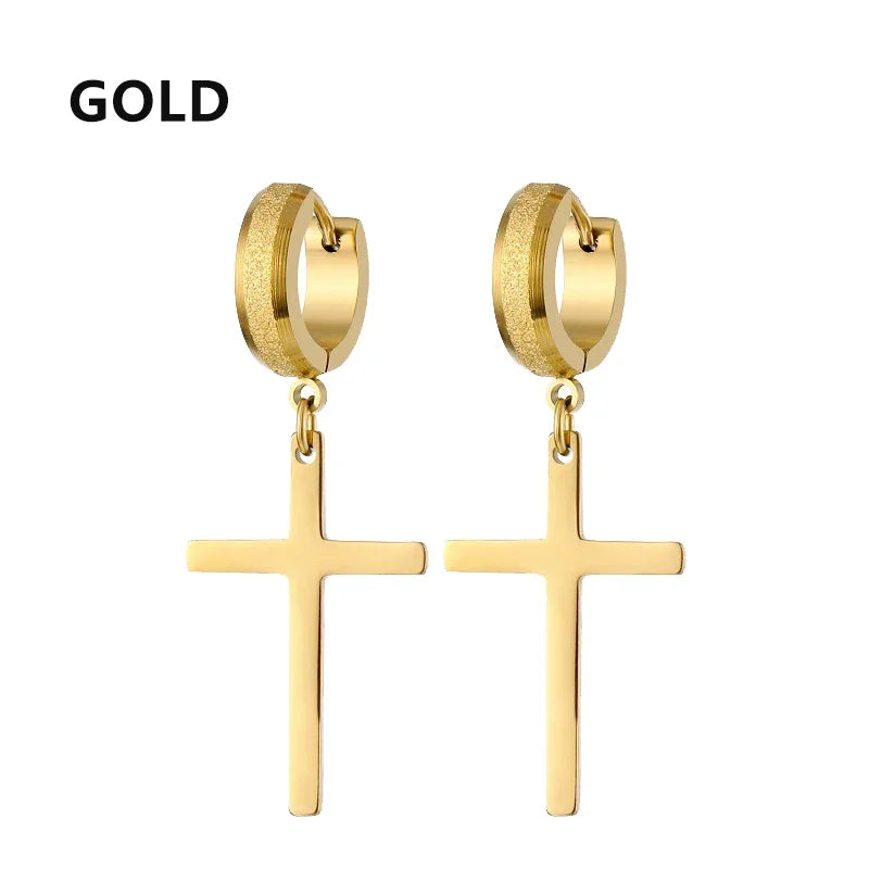 2pc Stainless Steel Men Cross Stars Punk Dangle Earrings Gothic Woman Cross Ear Hoop Earrings Huggies Pendant Piercing Jewelry - Clikcy