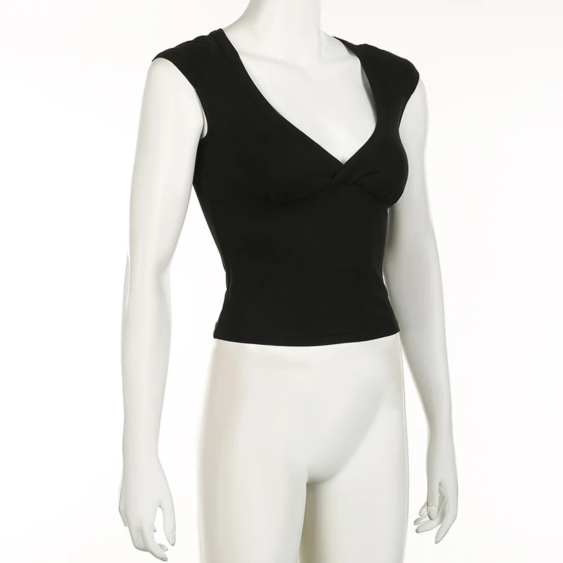 CIBBAR Sexy Deep V Neck Crop Top Women Basic Solid Tee Shirts 2024 Summer New Fashion T-shirts Vintage Clubwear Ladies Clothing - Clikcy