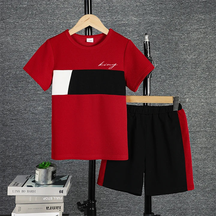 2pcs Boys Casual Colorblock Short Sleeve T-shirt & Shorts Set, Comfy Summer Kids Clothes - Clikcy