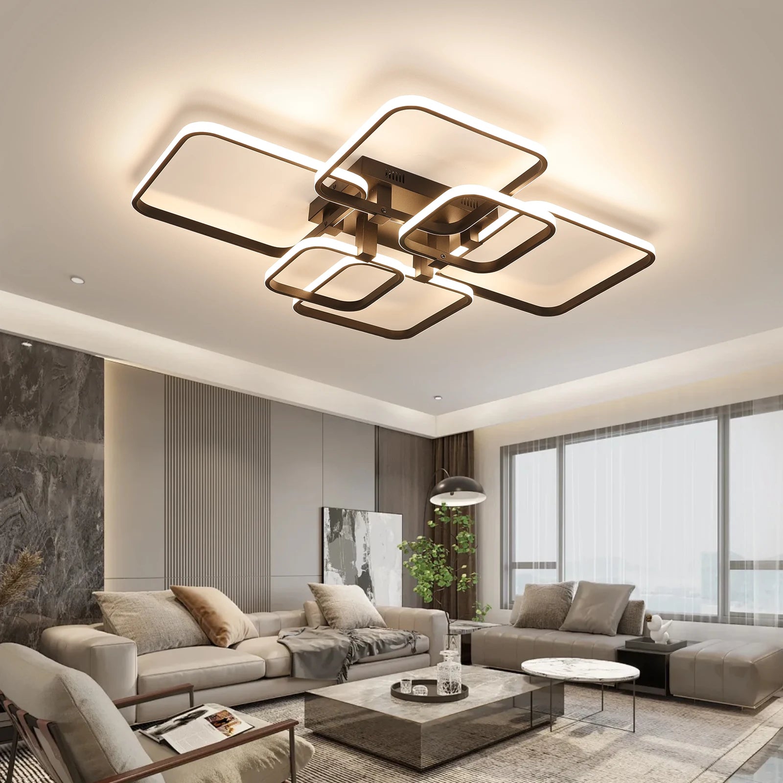 Modern LED Ceiling Light with Remote Control, Dimmable Chandelier for Living Room Bedroom, Flush Mount Lighting Fixture Indoor - Clikcy