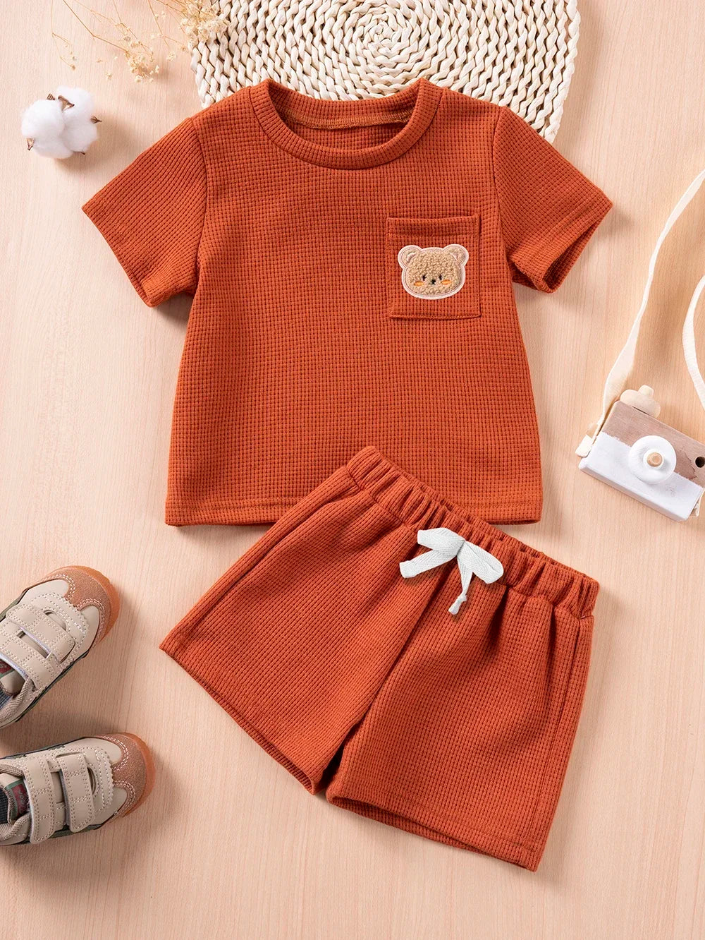 Kids Suit Summer Boys Girls Solid Colour Suit 0-6Y Cute Bear Short Sleeve + Breathable Shorts 2pcs Comfortable and Skin-friendly - Clikcy