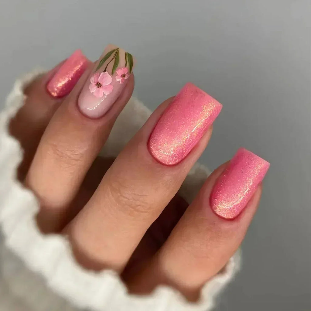 24Pcs Short Square Head Fake Nails Yellow False Nails with Flowers Simple French Tips Wearable Summer Full Cover Press on Nails - Clikcy