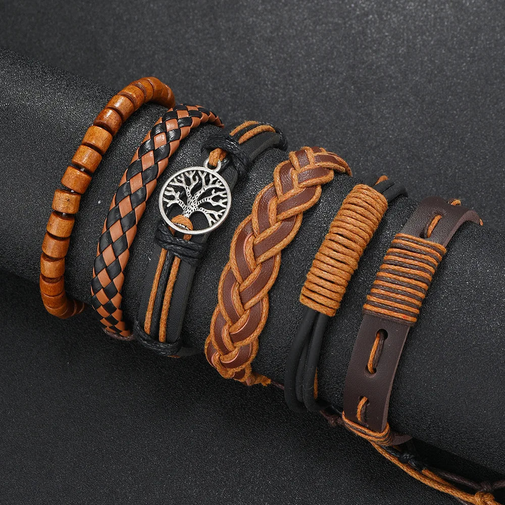 Red 6 Pc/set Tree Black Wrap Woven Handmade Wood Beads Bracelets Male Women Leather Bracelets Men Bangle Wholesale Jewelry Gift - Clikcy