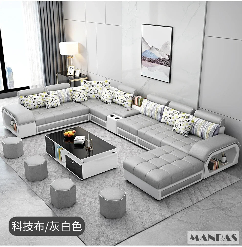 Linlamim Fabric Sofa Set Furniture Living Room Sofa Set with USB and Stools / Big U Shape Cloth Couch Sofas for Home Furniture - Clikcy