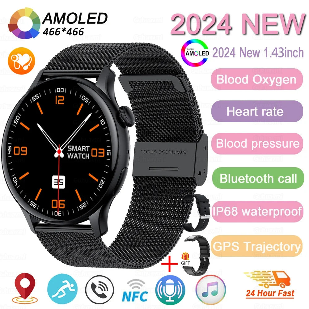 2024 New GPS Smart Watch Women True AMOLED 466*466 HD Screen Health Tracker Sports NFC Voice Bluetooth Call Smartwatches Ladies