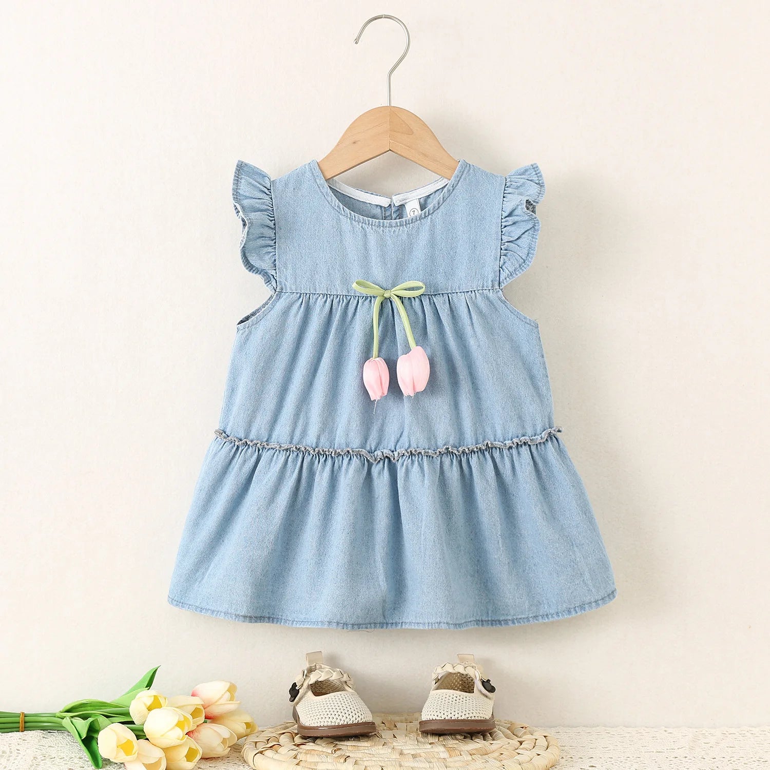 2025 Baby Girls Summer Dress Denim Children Tulip Love Bow Casual Clothes Cotton Soft and Comfort for Kids 1-4 year - Clikcy