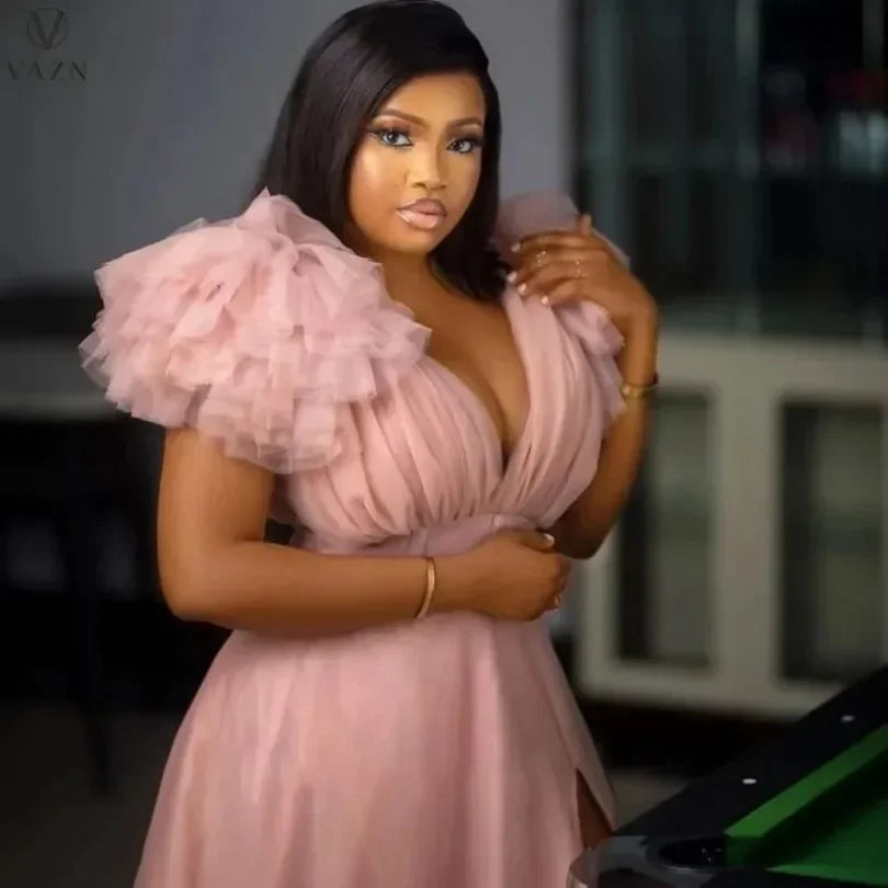 Customized Puff Mesh Short Sleeves Women Party Dress Plus Size 5XL Side Split Deep V Neck Sexy Club Dresses 2025 Charming Birthd - Clikcy