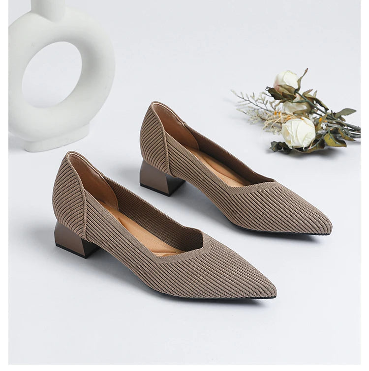 Women's large high-heeled shoes Multicolor pointy knit breathable comfortable anti-skid rubber sole work shoes 2023 new autumn