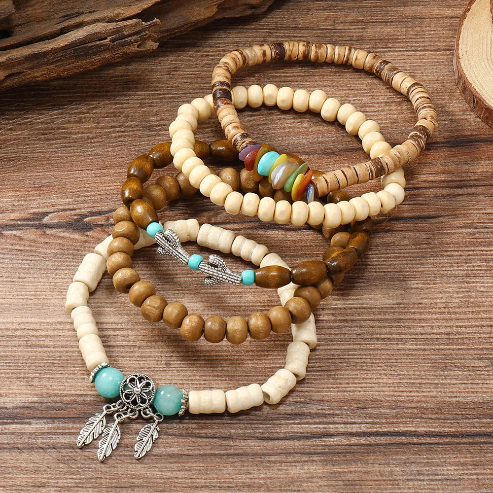 Ethnic 4-5pc/set wood bead tree Cactus Charms bracelets Hamsa Hand Butterfly Bohemia Men Bracelets For Women Female Jewelry - Clikcy