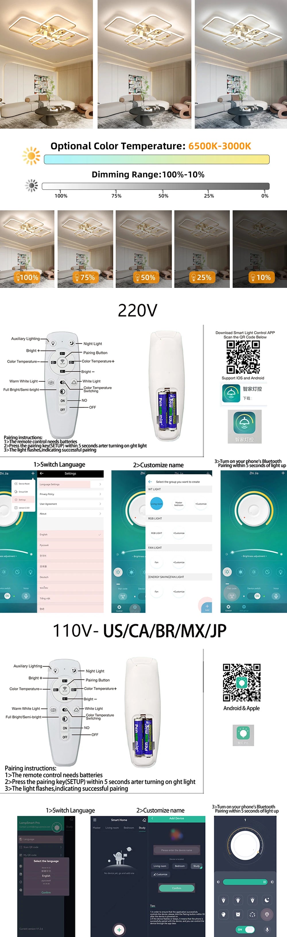 Modern LED Ceiling Light with Remote Control, Dimmable Chandelier for Living Room Bedroom, Flush Mount Lighting Fixture Indoor - Clikcy