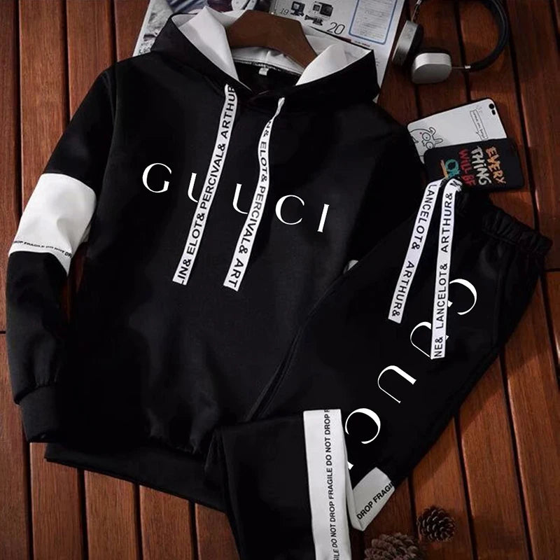 Hot Sale Mens Tracksuit Trend Print Hooded Sweatshirts 2pcs Set Casual Sports Jogging Suit Versatile BlackWhite Streetwear Woman - Clikcy