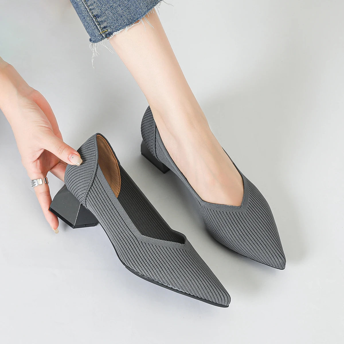 Women's large high-heeled shoes Multicolor pointy knit breathable comfortable anti-skid rubber sole work shoes 2023 new autumn - Clikcy