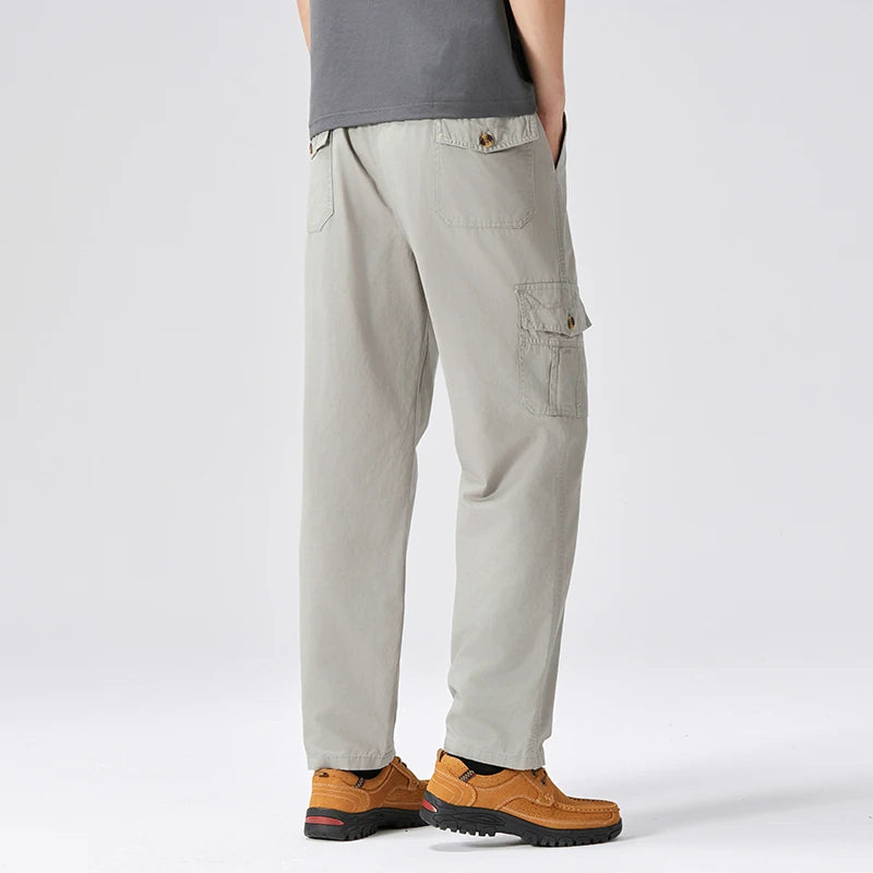 100% Cotton Men's Cargo Pants Straight Fit Loose Work Trouser Male Spring Summer High Waist Big Size Large Plus Elastic Pocket - Clikcy