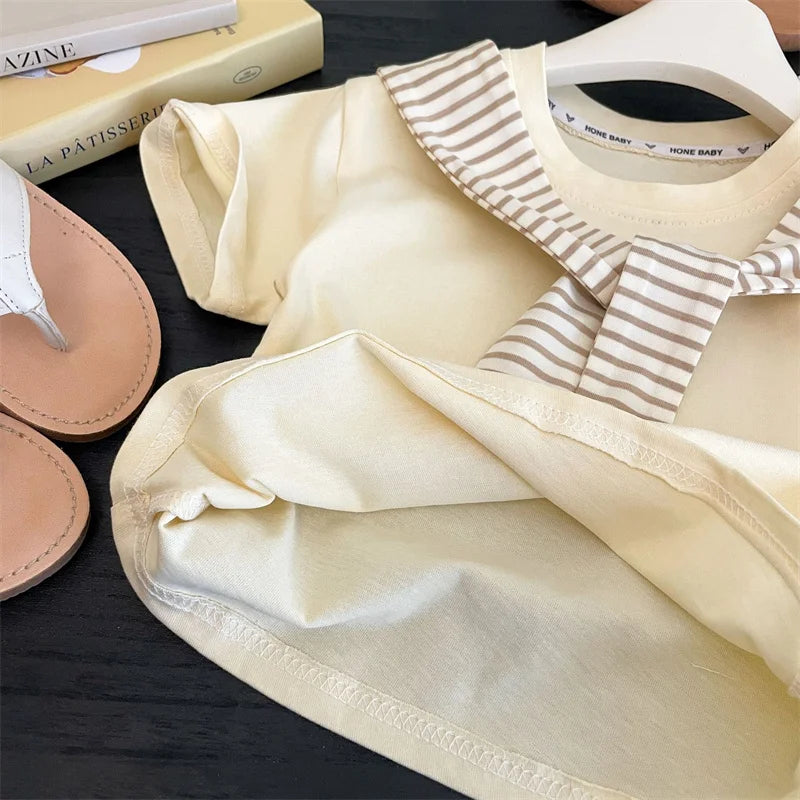 Girls Suit Summer Short-sleeved T-shirt With Stripes Shawls+Pants 2Pcs Outfits Kids Casual Clothes Children's Fashion Sets 1-12Y - Clikcy