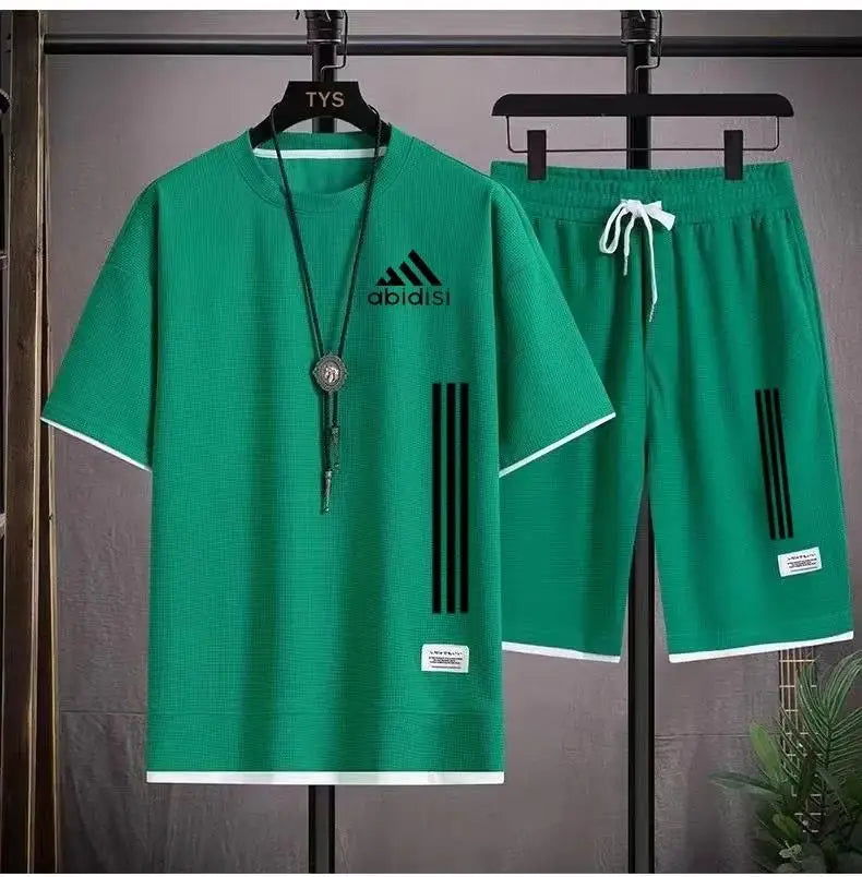 Adida 2024 Man New Tracksuits 2 Piece Short Sleeve Suits Printing T-shirt +Sweatpants Sets Sutdent Casual Summer Sport Clothes - Clikcy