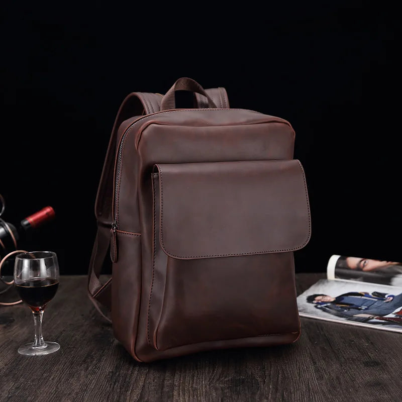 Retro Fashion Laptop Backpack Men Korean Style Flap Men's Backpacks High Quality PU Leather Travel Back Bag Student Schoolbags - Clikcy