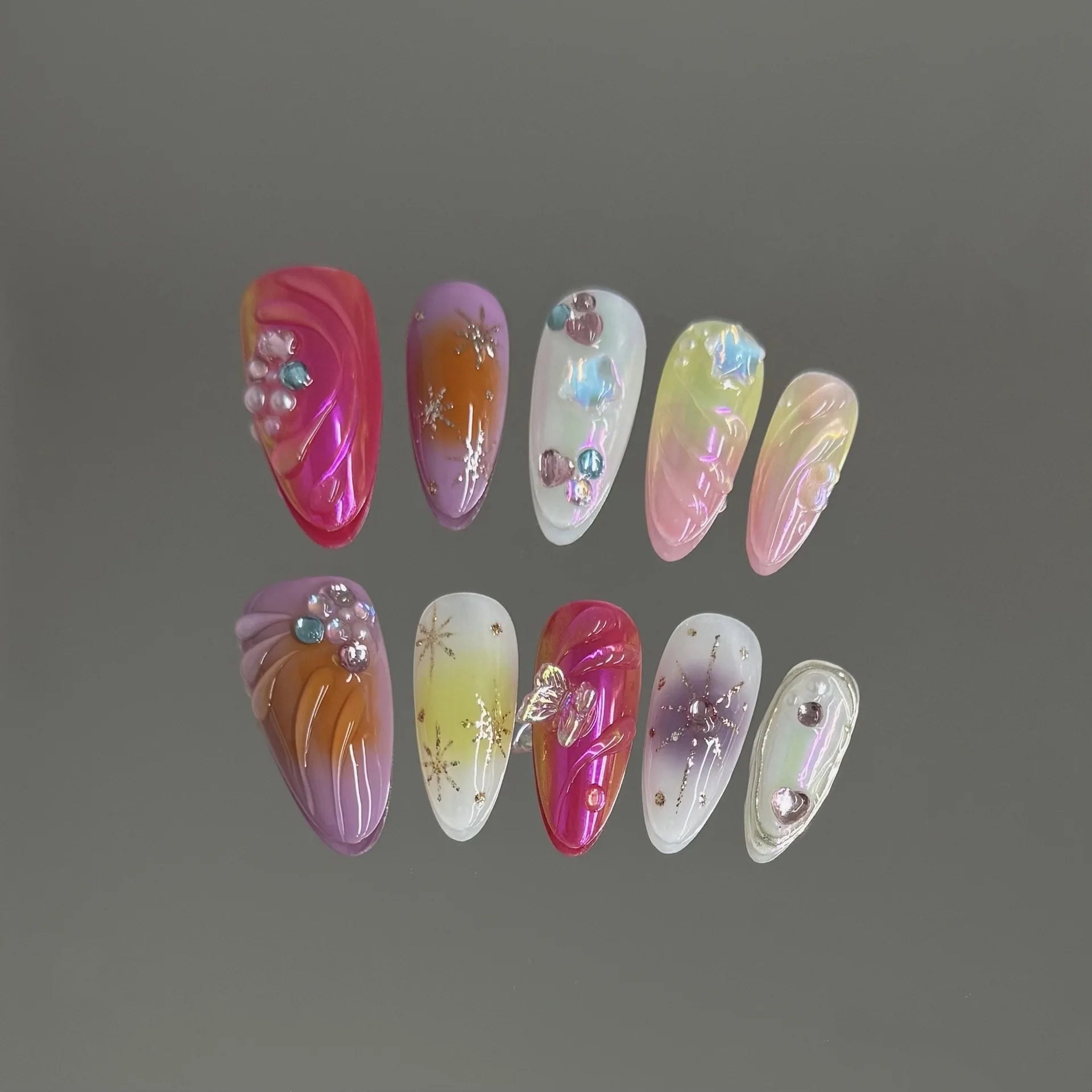 10pcs Handmade Press on Nails Sweet Cool Aurora Butterfly Star Fake Nail Tips Wearable Summer Spice Girls Almond False Nails - Clikcy