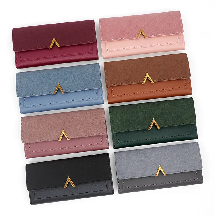 New Korean version women's wallet long V-shaped buckle three fold wallet for women, hand-held bag, change card bag - Clikcy