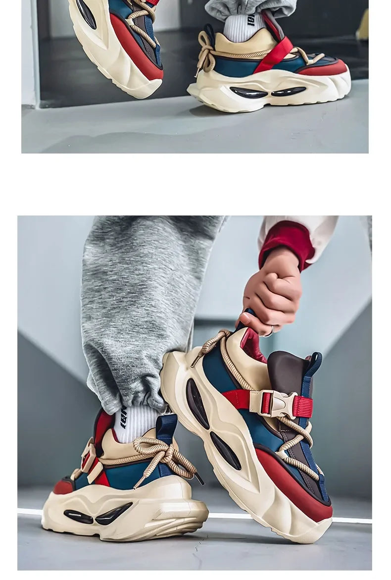 Waterproof Thick Bottom Dad Shoes Outdoor Sports Black Leather Surface Pure Color Spring Autumn Seasonal Style Casual Sneakers