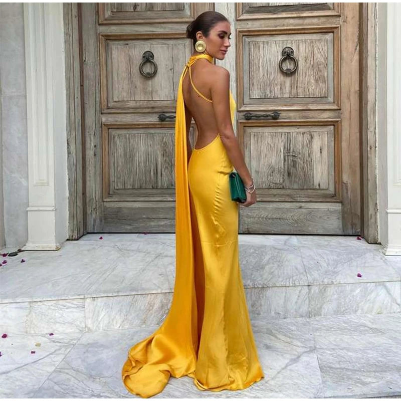 Sexy Satin Ribbon Party Dress Women Elegant Halter Backless Off Shoulder Sleeveless Female Dresses 2024 Summer Solid Robe Gown