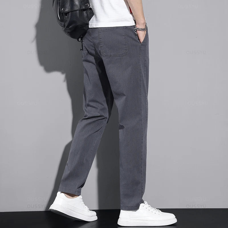 New Spring Summer Cotton Men's Casual Pants Classic Drawstring Elastic Waist Thin Stretch Blue Jogging Work Cargo Trousers Male - Clikcy