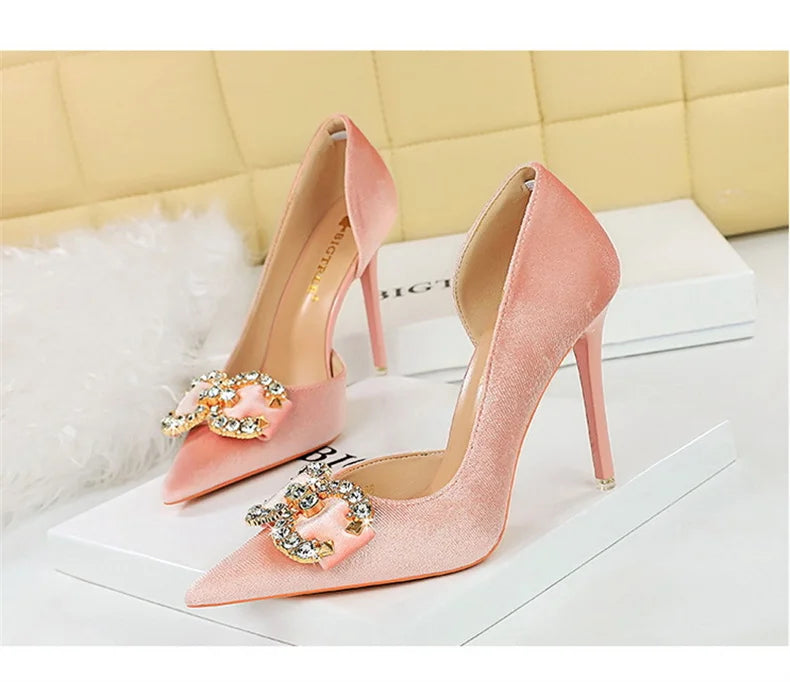 Fashion Women High Heel Rhinestone Buckle Bow Green Pink Pointed Toe Party Pumps Velvet Luxury Elegant Wedding Evening Shoes - Clikcy