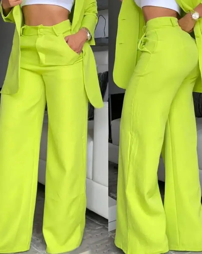 Women's Urban Suits 2024 Spring/Summer Latest Elegant Notched Collar Blazer Long sleeved Coat&Pocket Design Button Pants Set - Clikcy