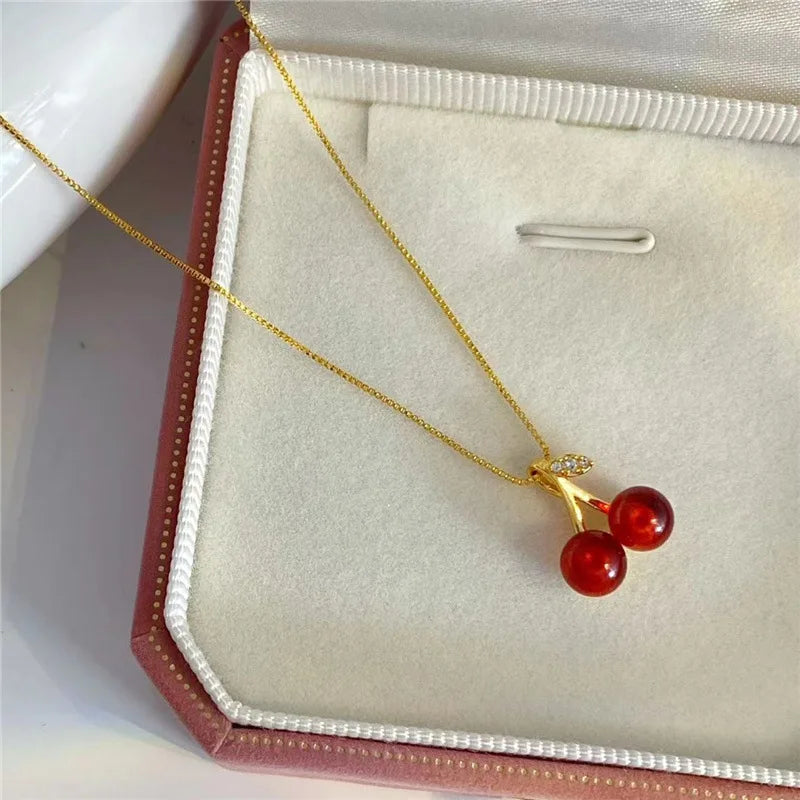 Wine Red Cherry Gold Colour Pendant Necklace Earrings set For Women Personality Fashion Necklace Wedding Jewelry Birthday Gifts - Clikcy