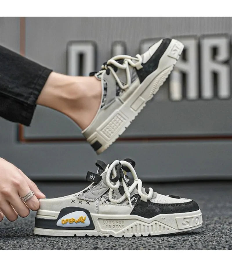 2025Summer Fashion Designer Men Half Slipper Breathable Casual Platform Shoes Lightweight Sneakers Outdoor Walking Flats Loafers