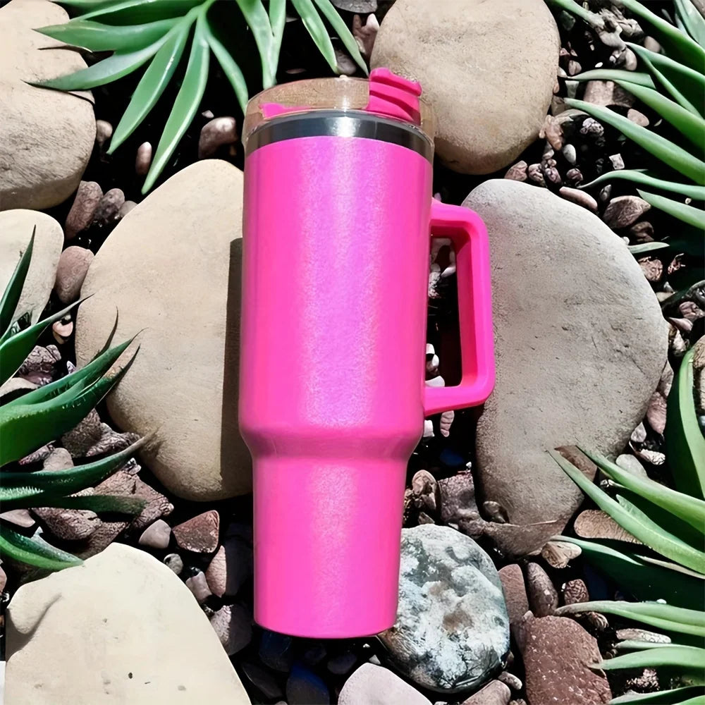 40Oz Stainless Steel thermos cup With Handle Lid and Straw Insulated Rainbow Paint Travel Mug For Hot And Cold Beverages Outdoor - Clikcy