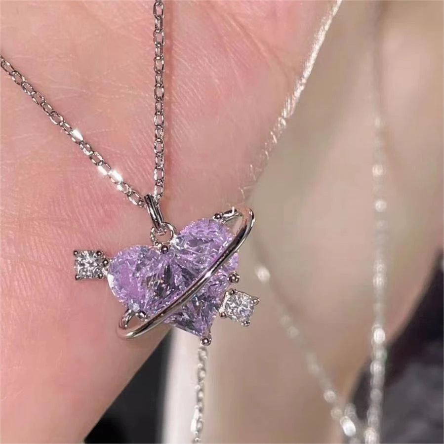 Y2K Pink Planet Heart Zircon Pendant Necklaces Women Fashion Aesthetic Clavicle Chain Necklace Valentines Day Gift Party Jewelry - Clikcy