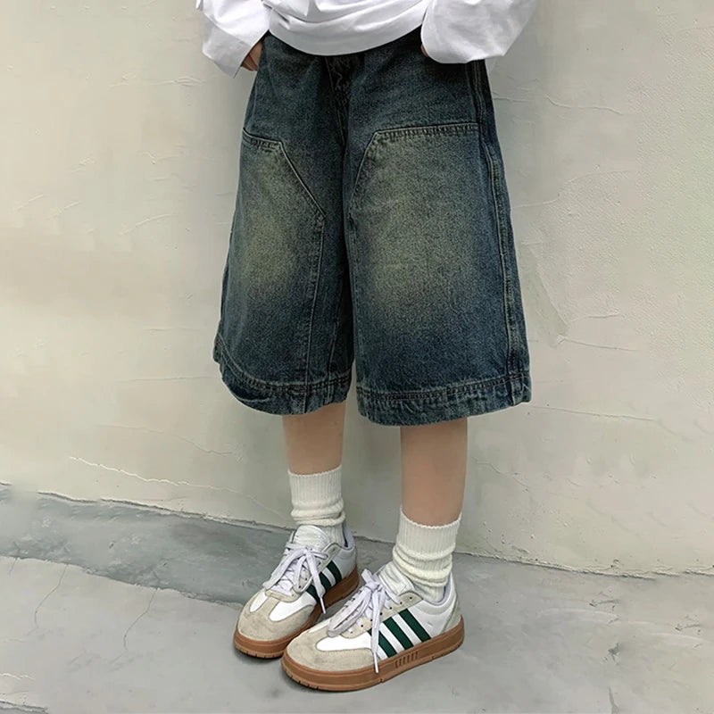Y2K Vintage Baggy Jean Shorts Womens Washed Wide Leg Capri Pants Casual Barrel Jeans Denim Shorts Mens Oversized Jorts - Clikcy