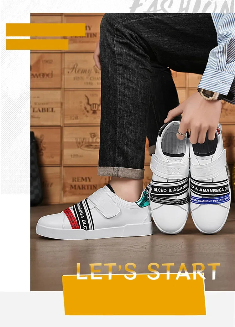 Original Design Leather Sneakers Men Trendy HOOK&LOOP Non-slip Men's Skateboard Shoes Fashion White Casual Sports Shoes For Men - Clikcy