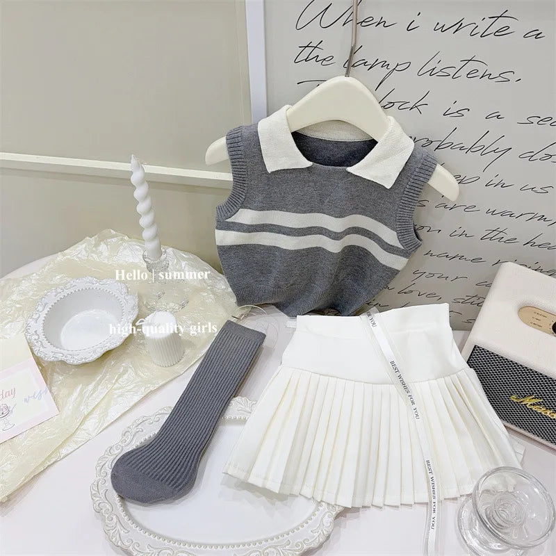 Summer Ins Baby Girls 2PCS Clothes Set Knitted Thin Sleeveless Polo Tank Top Pleated Solid Skirts Suit Kids Girls Outfits - Clikcy