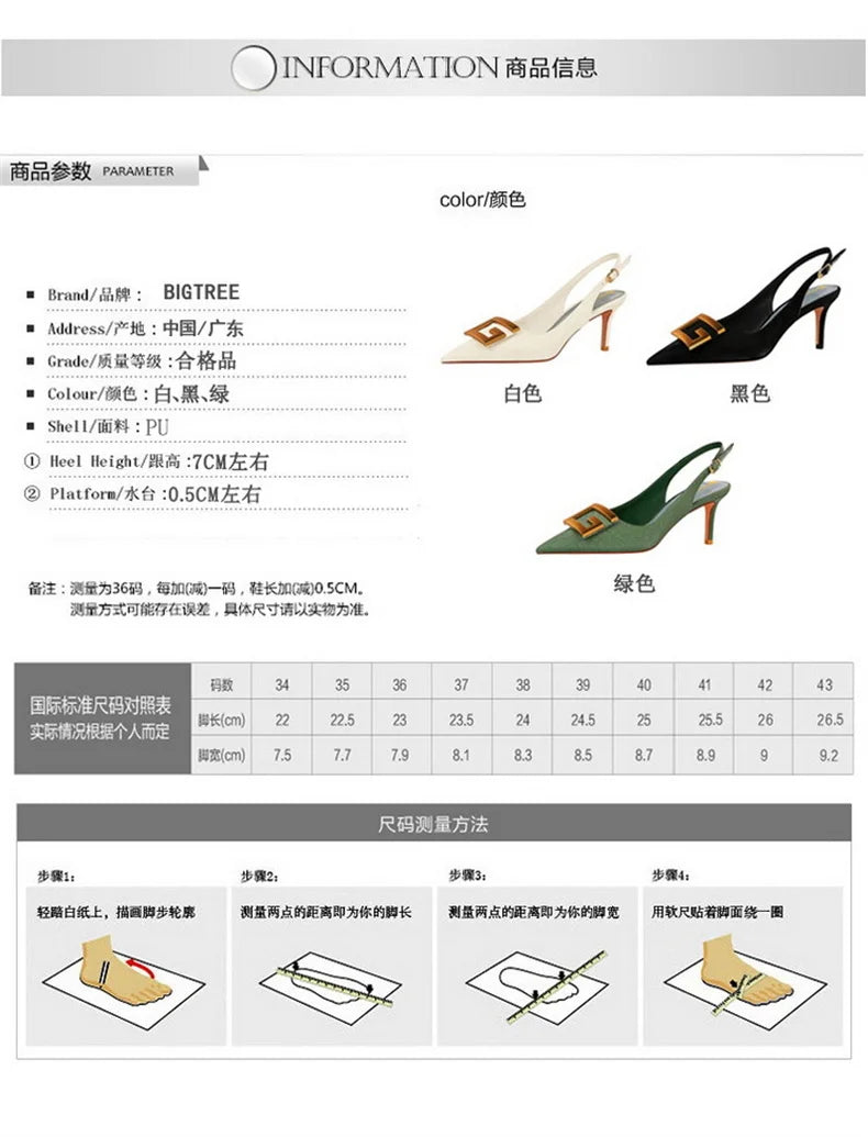 Metal Square Buckle Thin Heel Party Shoes Black Green White Woman Pointed Toe Hollow Back Strap Pumps Middle Heel Sandals - Clikcy