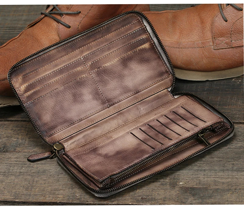 Vintage Genuine leather wallet Men leather long wallet men purse clutch bag male money clips zip around money bag card holder - Clikcy