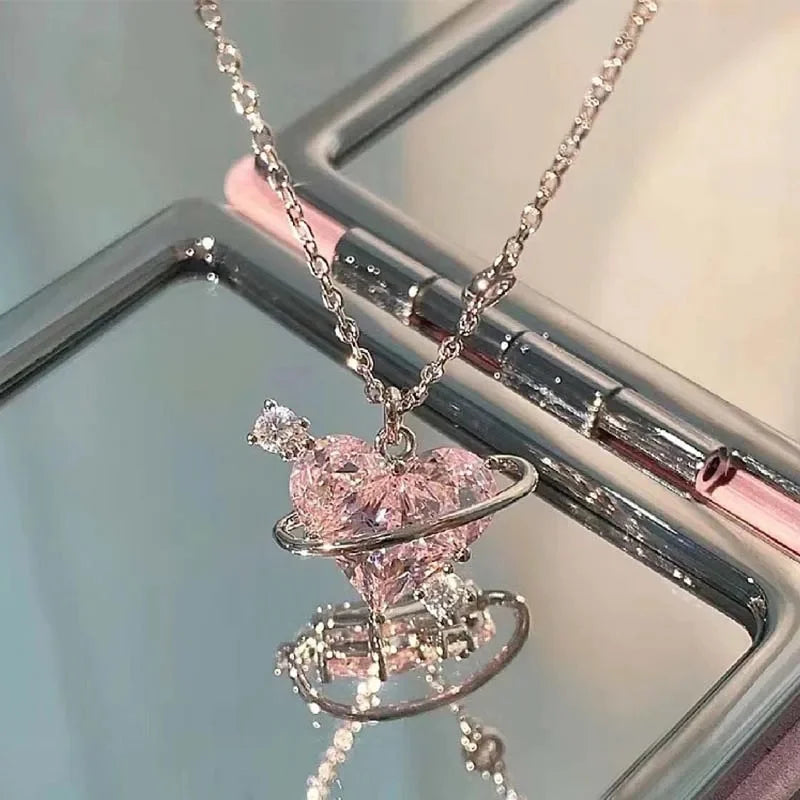 Y2K Pink Planet Heart Zircon Pendant Necklaces Women Fashion Aesthetic Clavicle Chain Necklace Valentines Day Gift Party Jewelry - Clikcy