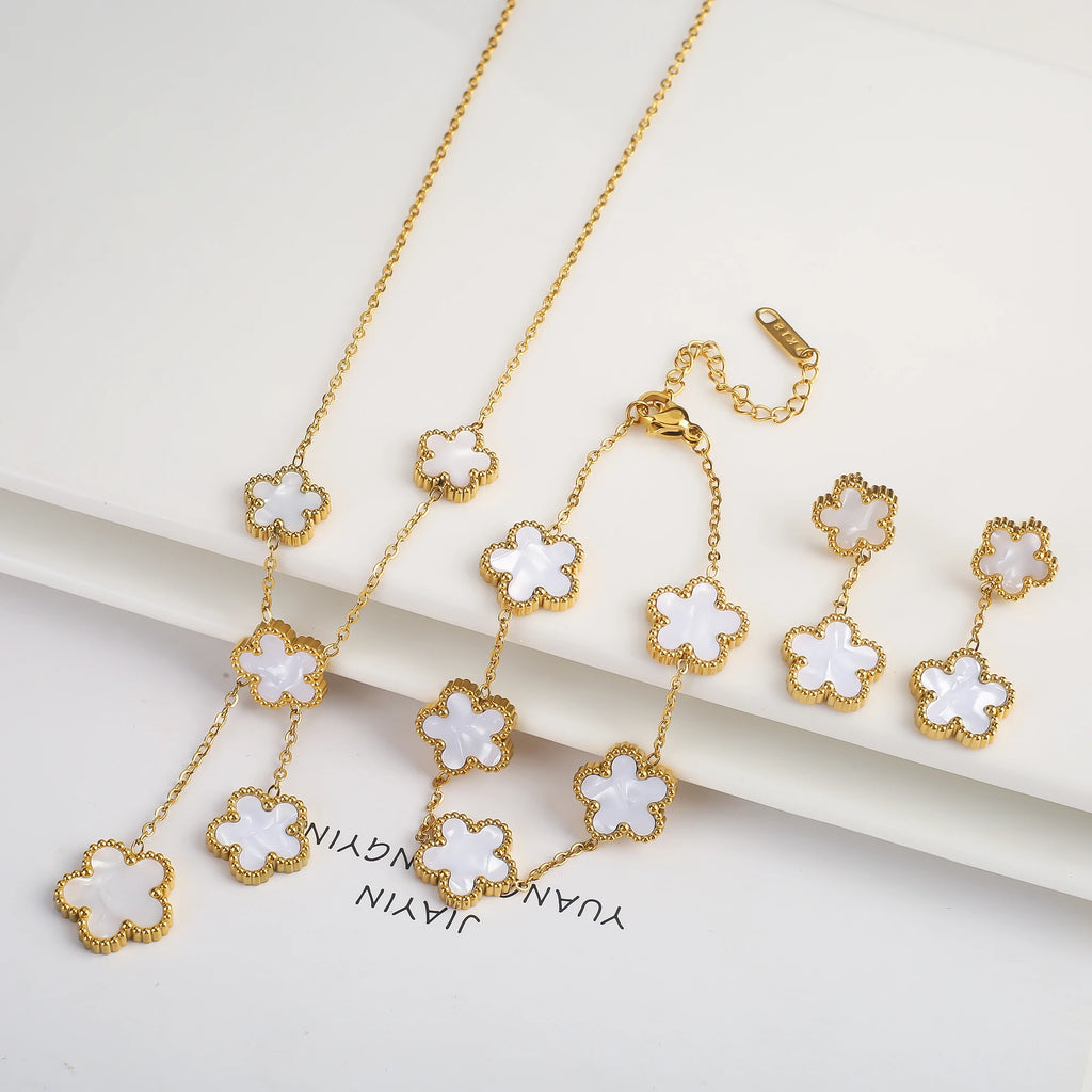 3Pcs 18k Gold-Plated Five-Leaf Flower Necklace Earrings Bracelet Jewelry Set For Woman Fashion Party Jewelry Daily Wear Clover - Clikcy