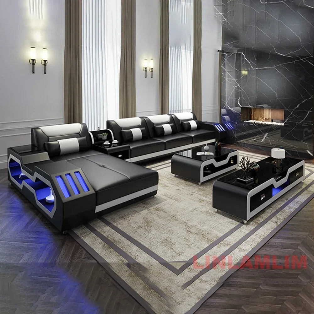 Modern LED Lighted Sofa Set with Recliner, Adjustable Headrest & Console | Luxury Leather Sectional Couch | Futuristic Furniture - Clikcy