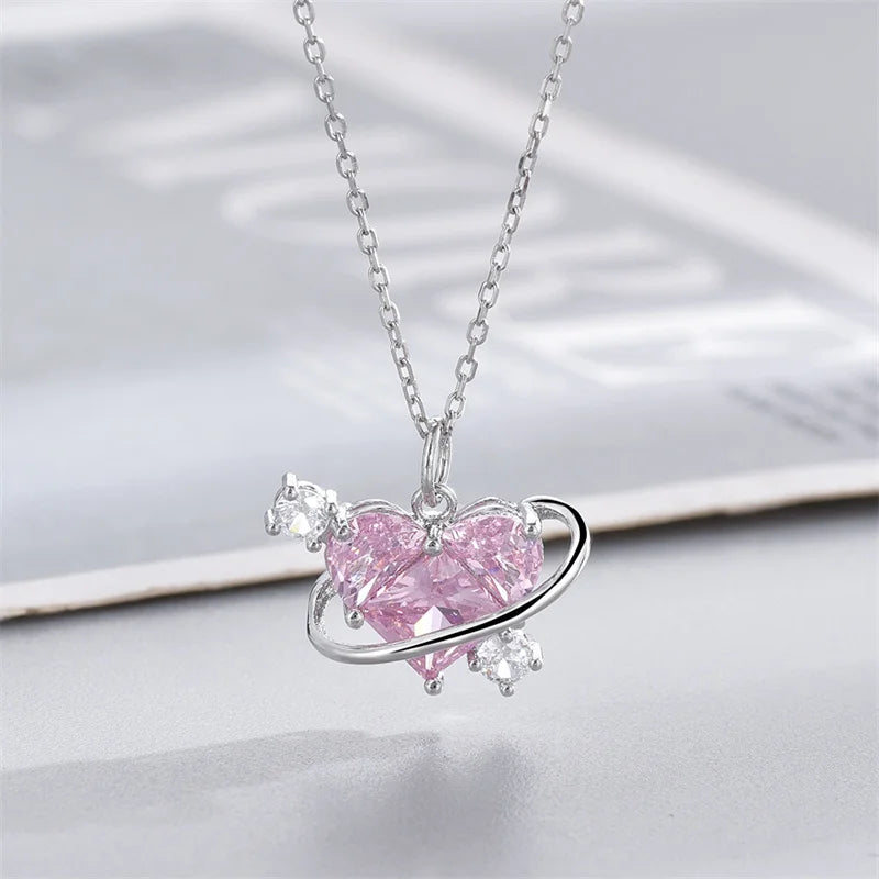 Y2K Pink Planet Heart Zircon Pendant Necklaces Women Fashion Aesthetic Clavicle Chain Necklace Valentines Day Gift Party Jewelry - Clikcy