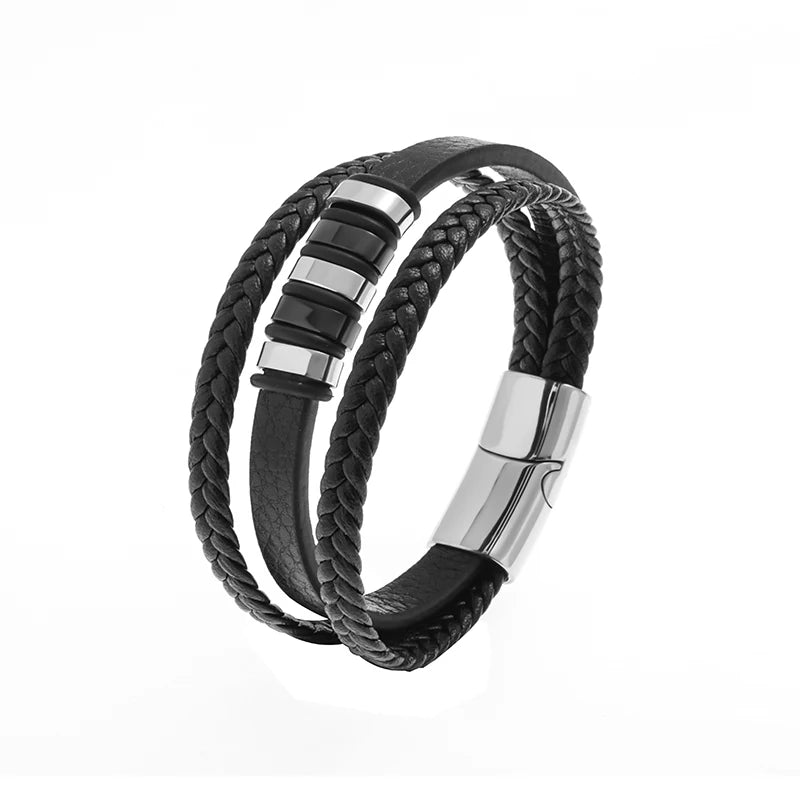 Classic Black Multilayer Leather Bracelet Men Casual Punk Party Jewelry Male Hand Band Gift - Clikcy
