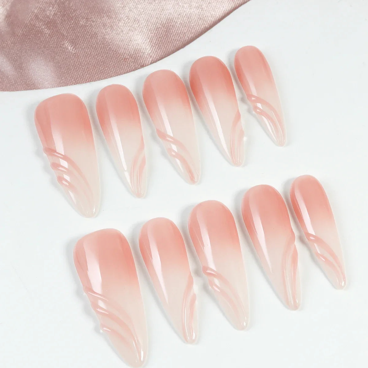 10pcs Handmade Long Press on Nails  Pink Gradient Glossy Blush 3D Silver Cord Art Design Jelly Glue&Nail File,Reusable Fake Nail - Clikcy
