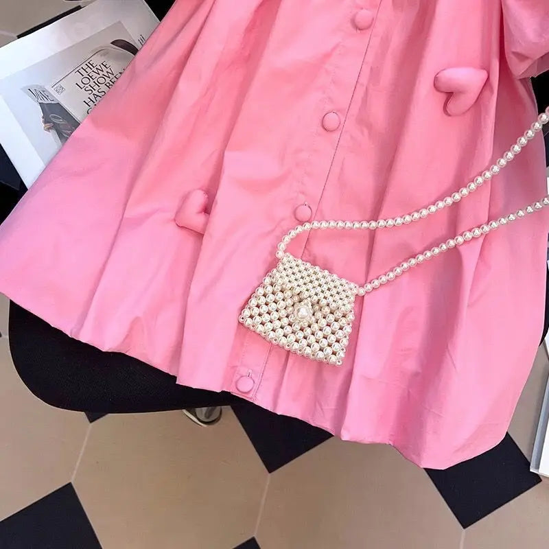 2-12Y Girls Summer Dress Small Lapel Single Breasted Design Cute Princess Dress Children Girls 3D Love Decal Bubble Sleeve Dress - Clikcy